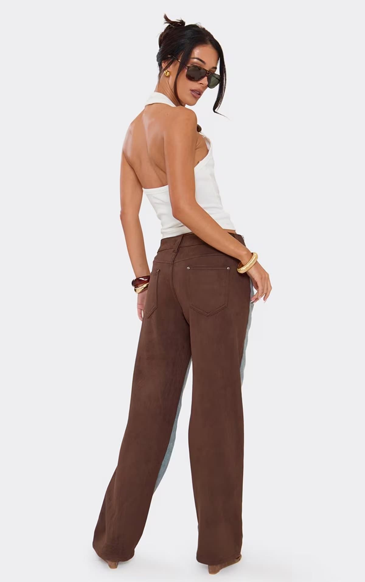 EGO Mid Rise Contrast Faux Suede Back Straight Leg Trouser In Blue Denim, Women's Size UK 4