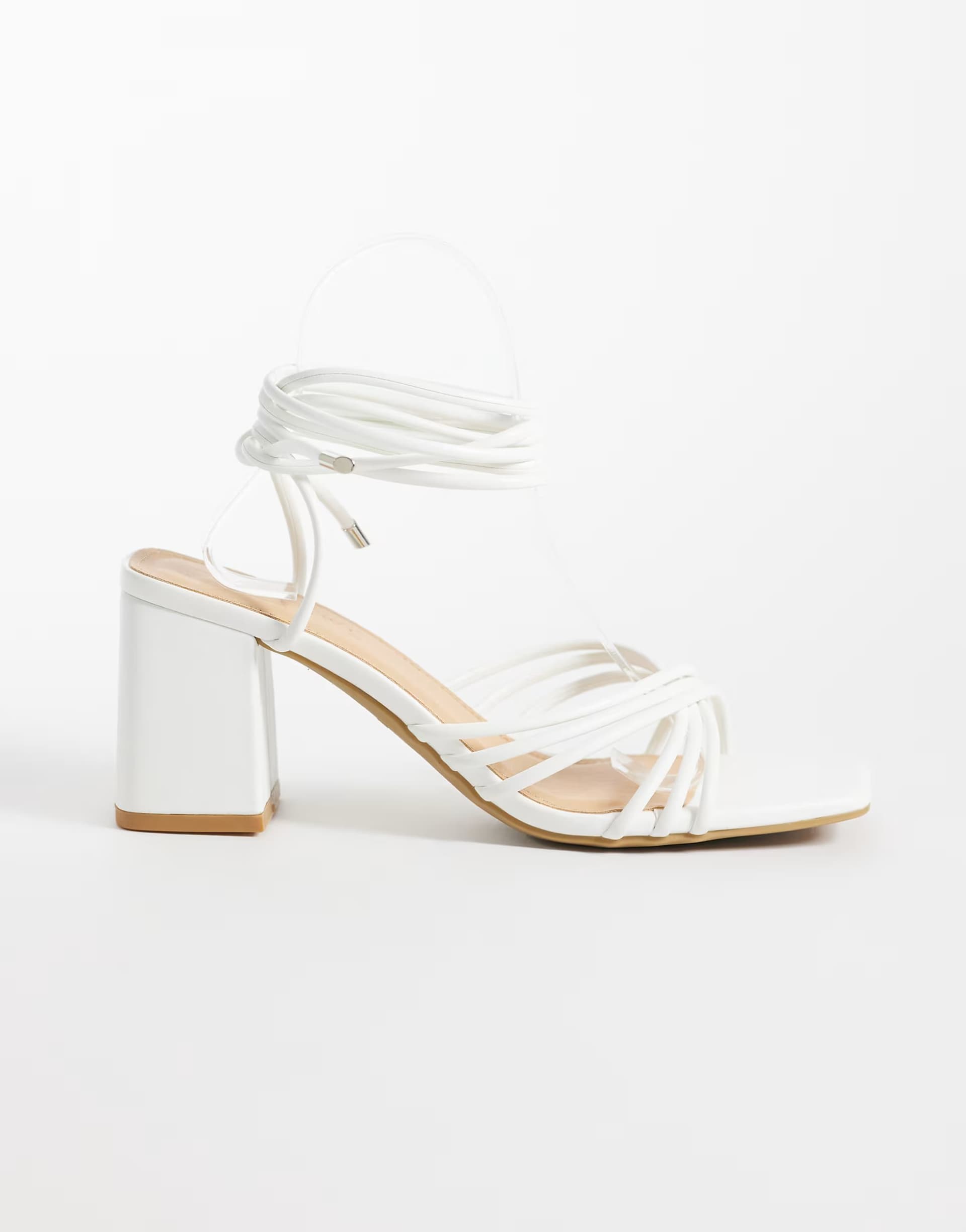 ASOS SEQWL mid block heel sandals in white pu