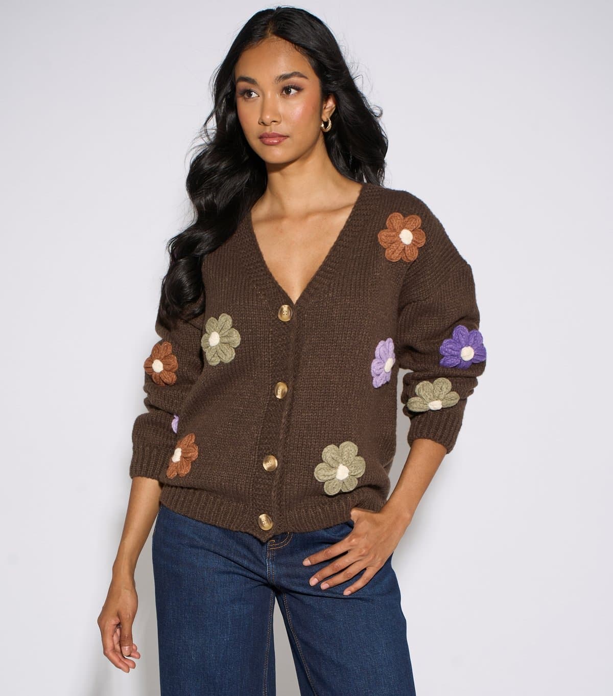 Gini London Women's Brown Chunky Knit Floral Embroidered Cardigan Gini London New Look