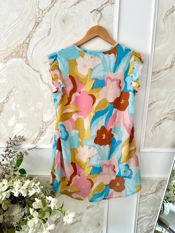 Bonmarché Women’s Bonmarche floral chiffon ruffle sleeveless summer top size 12 romantic cottagecore holiday