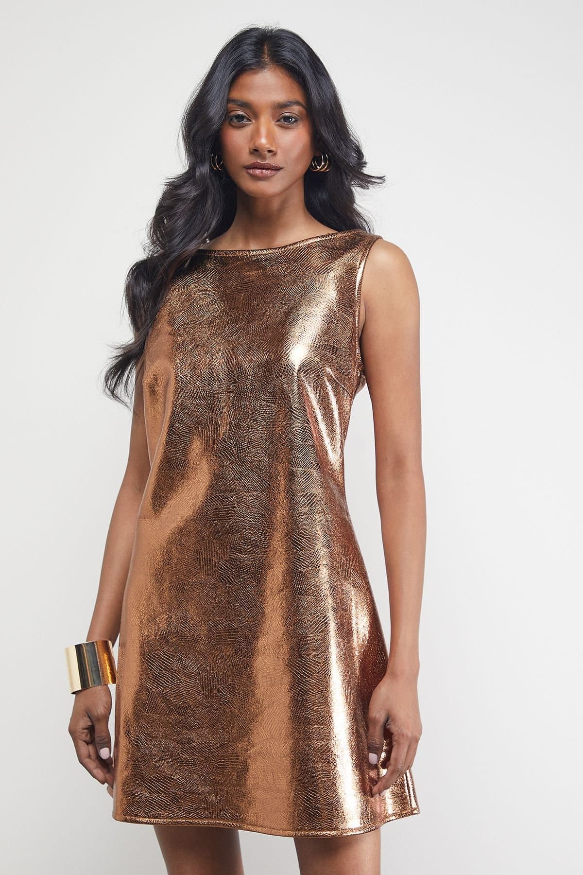 Warehouse Warehouse Bronze Metallic Faux Reptile Leather Mini Dress