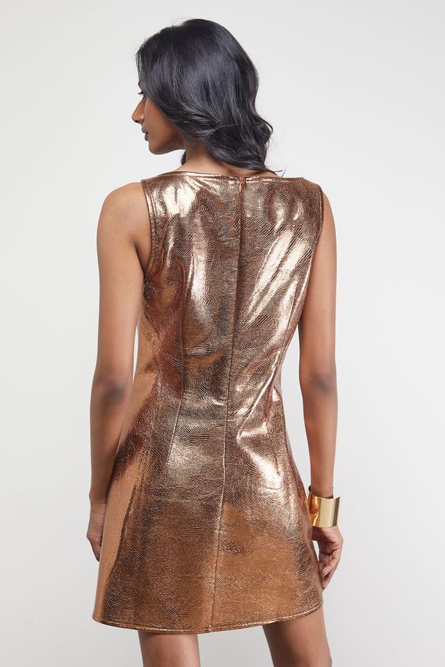 Warehouse Warehouse Women's Metallic Faux Reptile Leather Sleeveless Mini Dress in Bronze - 3
