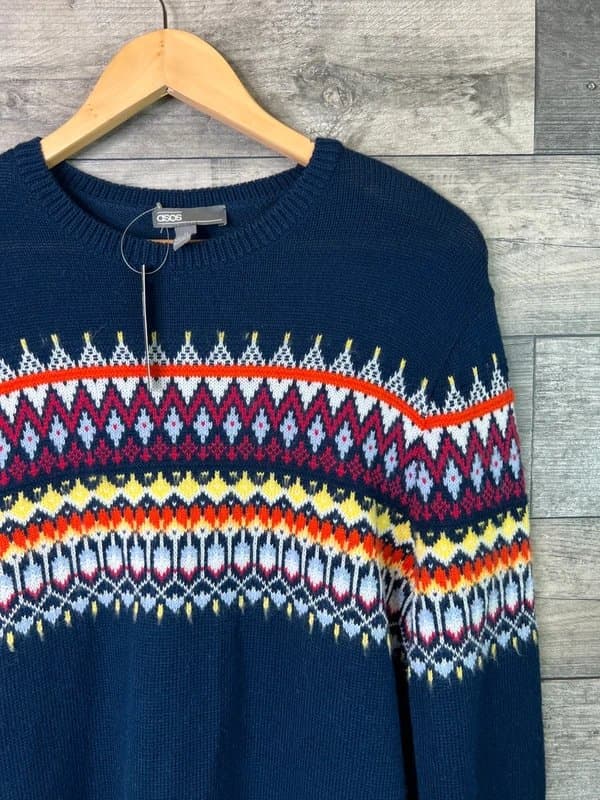 ASOS ASOS Mens Jumper Size Medium Navy Blue Striped Fair Isle Funky Knit Pullover