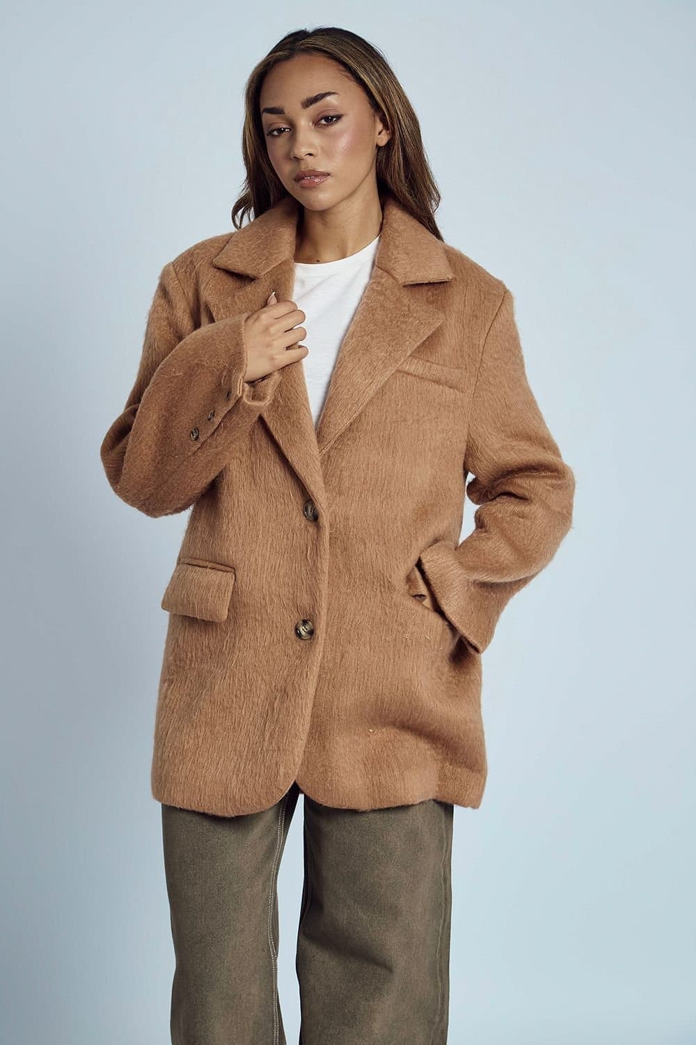 Native Youth Native Youth Women's Fuzzy Long Sleeve Button Blazer in Camel