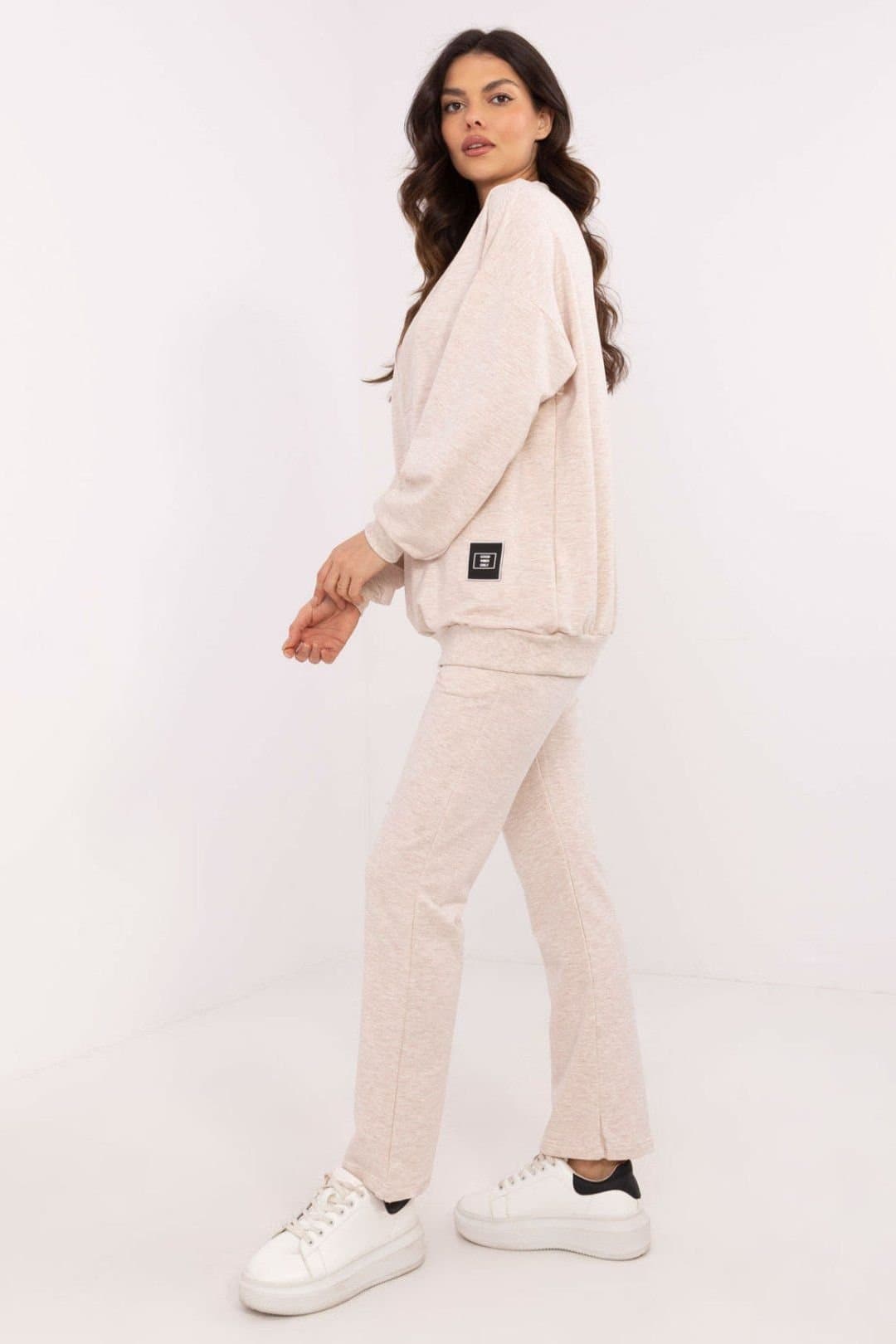 Love Lace Love Lace Women's Minimal Wrap Neck Blouse & High Waist Pants Set in Beige