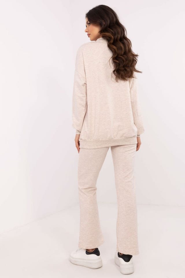 Love Lace Love Lace Women's Minimal Wrap Neck Blouse & High Waist Pants Set in Beige - 2