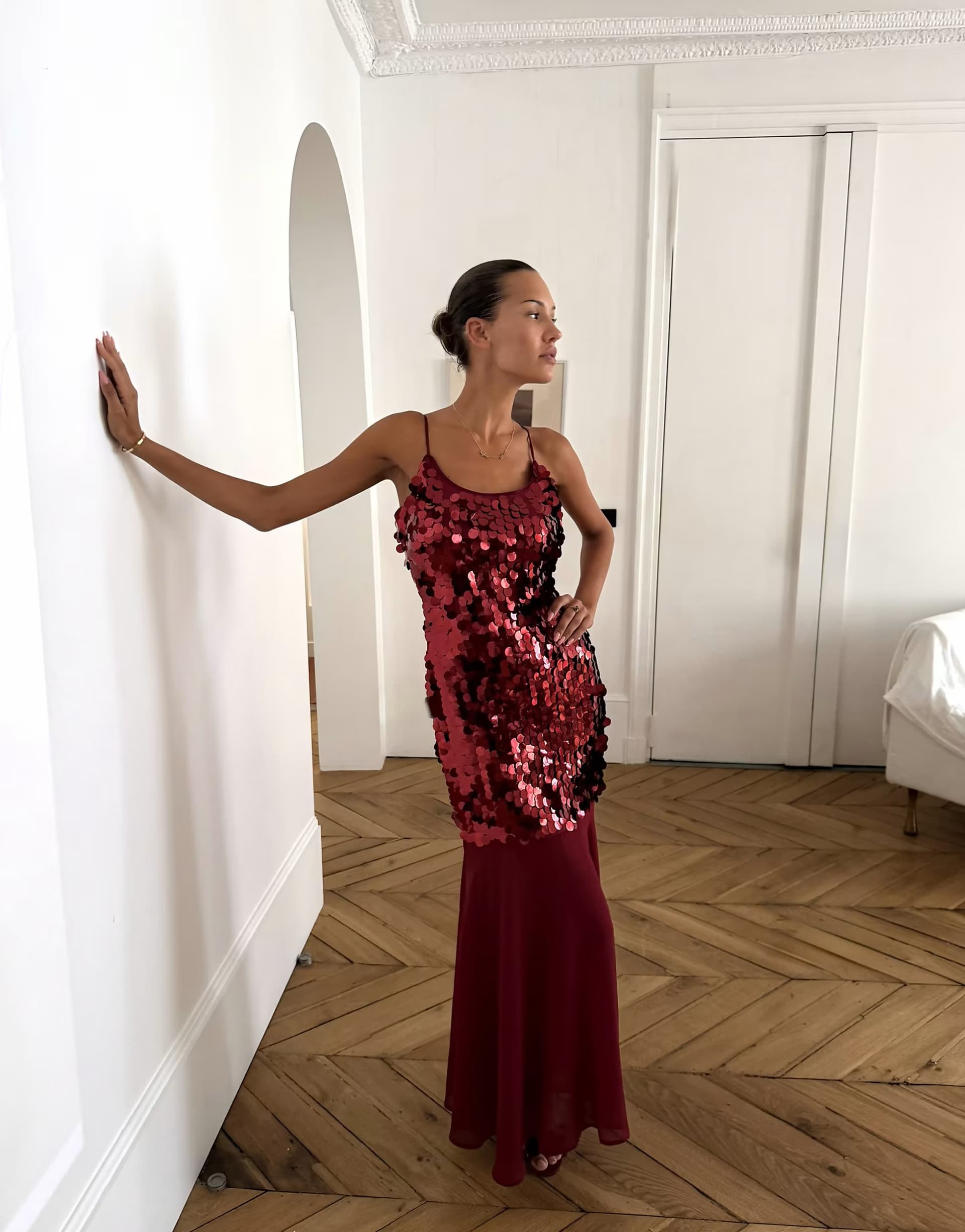 ASOS Never Fully Dressed sequin cami chiffon skirt maxi dress in burgundy