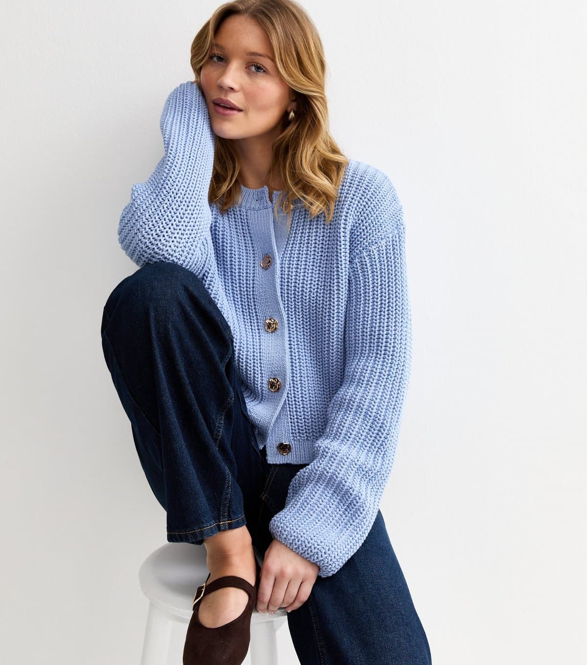 New Look Women's Blue Hammered Button Cotton Rich Chunky Knit Cardigan New Look