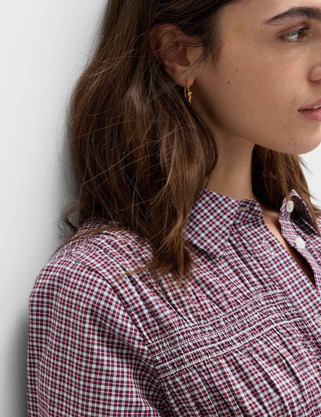 Marks & Spencer M&S Pure Cotton Shirred Collared Shirt Red Mix - 2