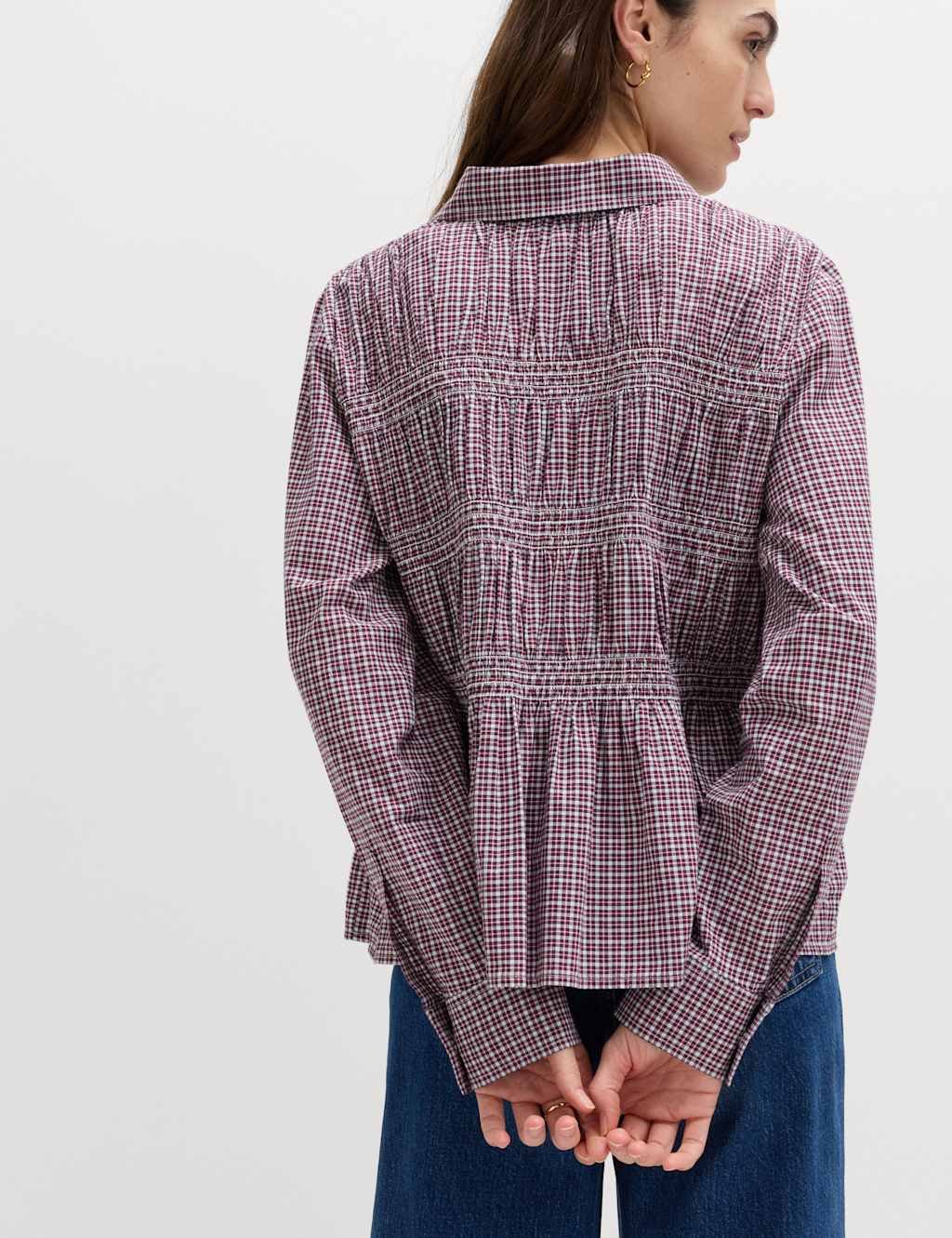 Marks & Spencer M&S Pure Cotton Shirred Collared Shirt Red Mix - 3