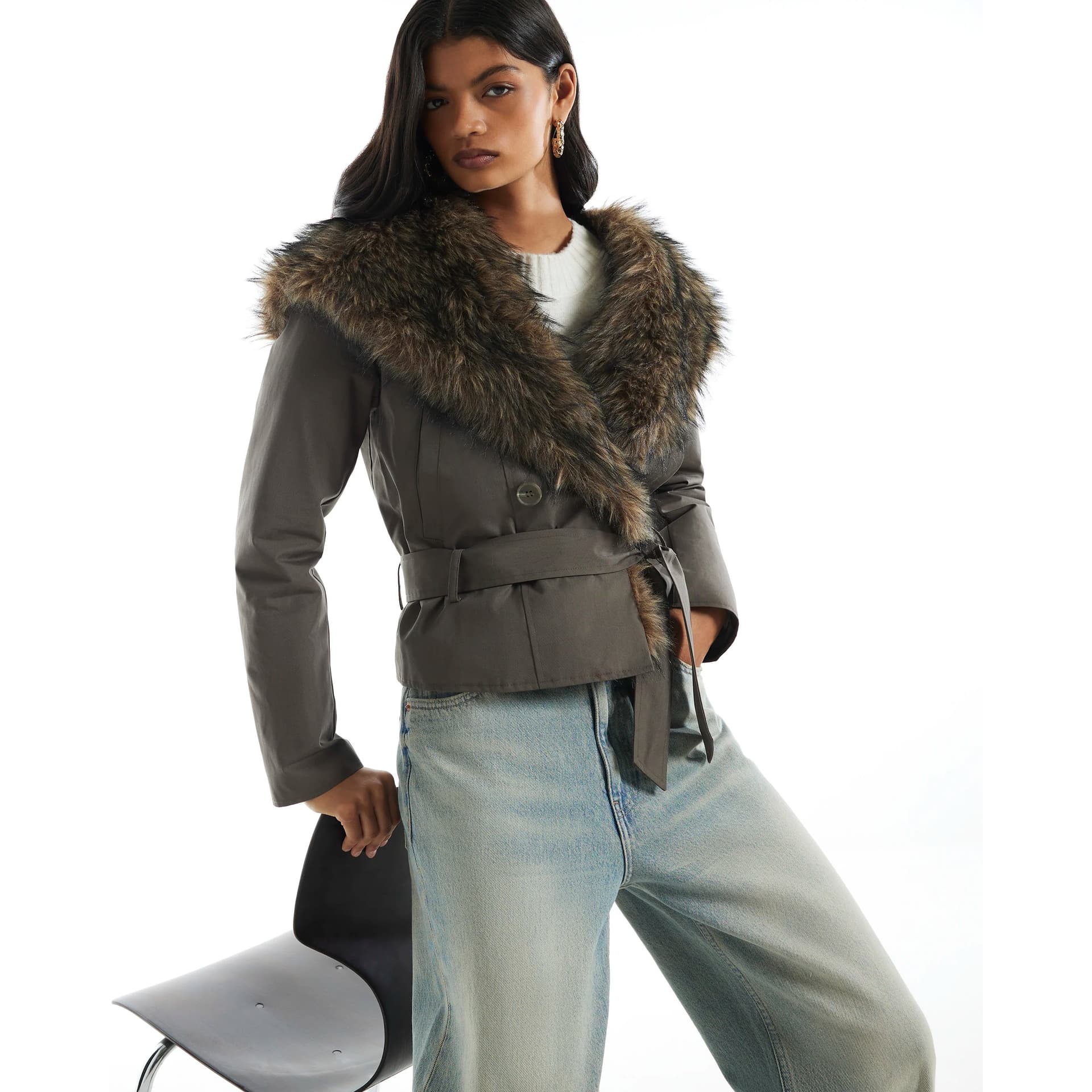 River Island River Island Womens Khaki Faux Fur Shawl Hood Belted Jacket