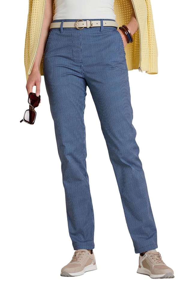 Amber Amber Women's Stripe Chino Pull‑On Trousers, Stretch Cotton Flat‑Front Chinos with in Navy - 2