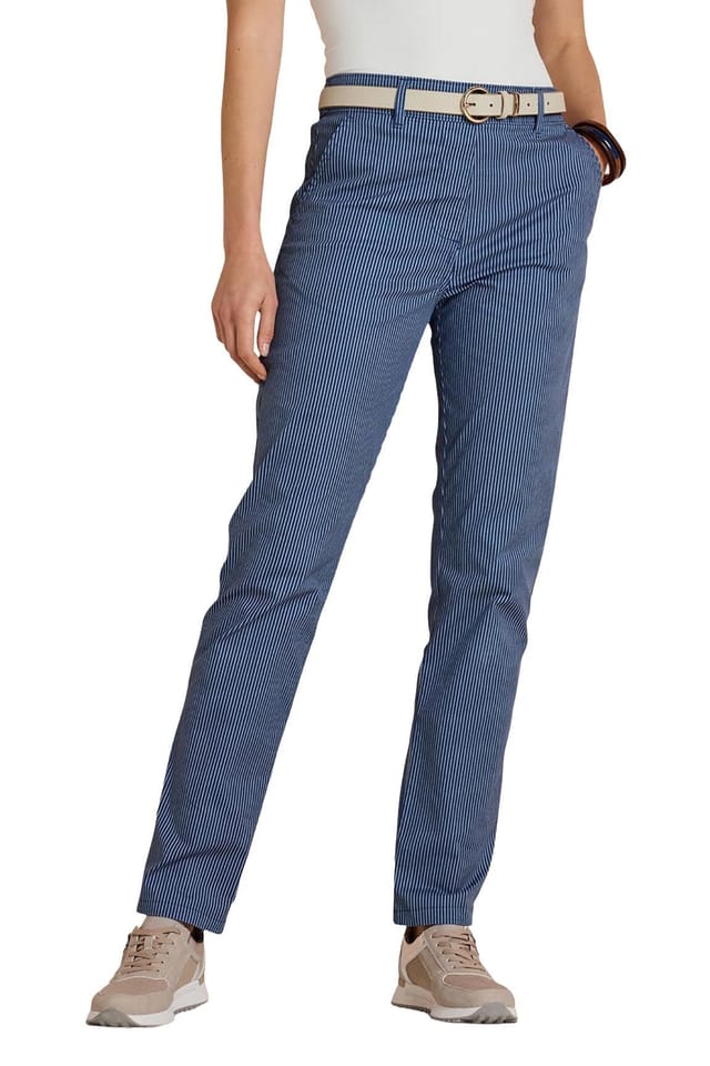 Amber Amber Women's Stripe Chino Pull‑On Trousers, Stretch Cotton Flat‑Front Chinos with in Navy - 3