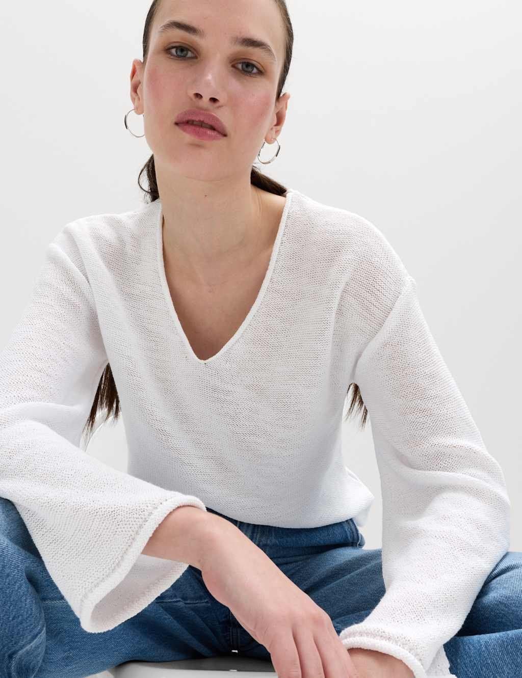 Marks & Spencer M&S Soft White Cotton Blend V-Neck Jumper