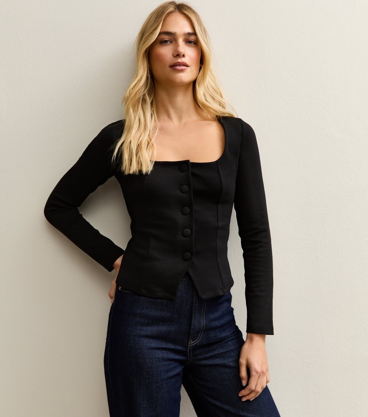 New Look Women's Black Jersey Buttoned Square Neck Top New Look