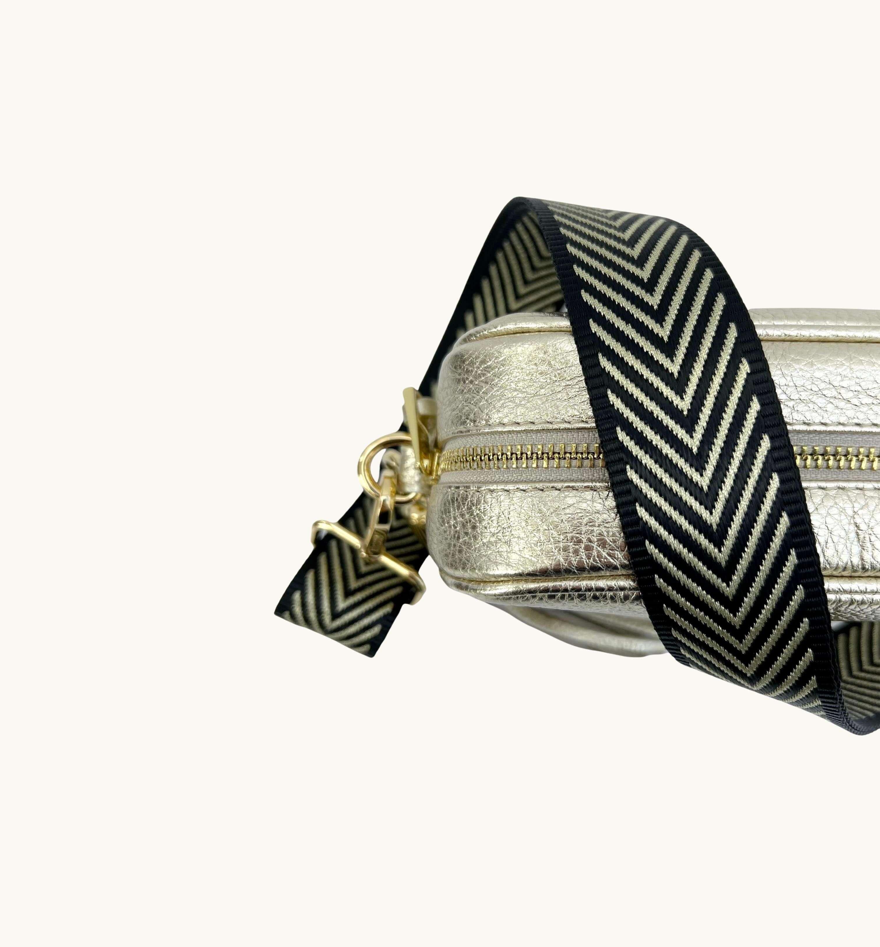 Apatchy London Apatchy London Women's Gold Leather Crossbody Bag With Black & Gold Chevron Strap - 2