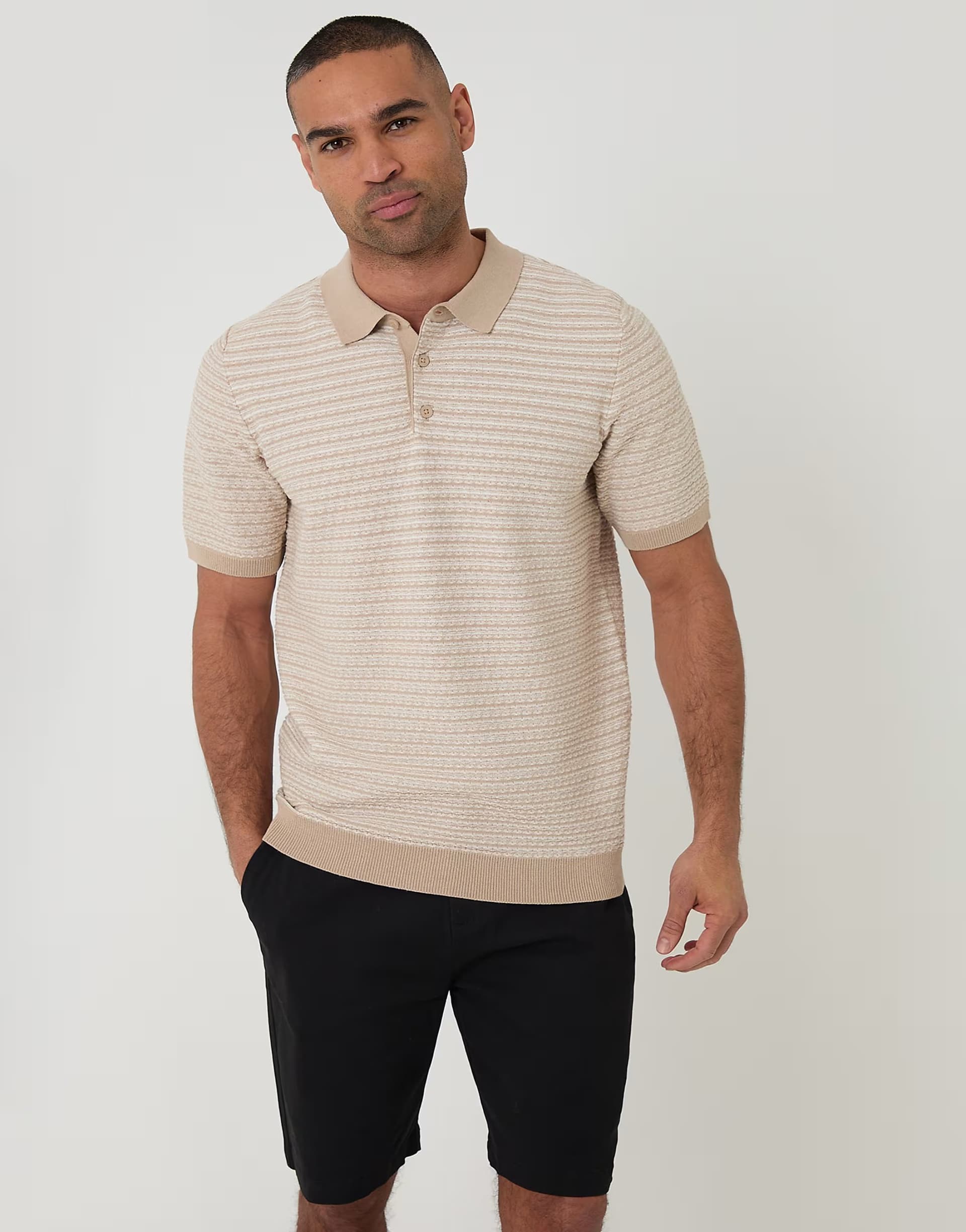 ASOS Threadbare Textured stripe short sleeve knitted polo in stone