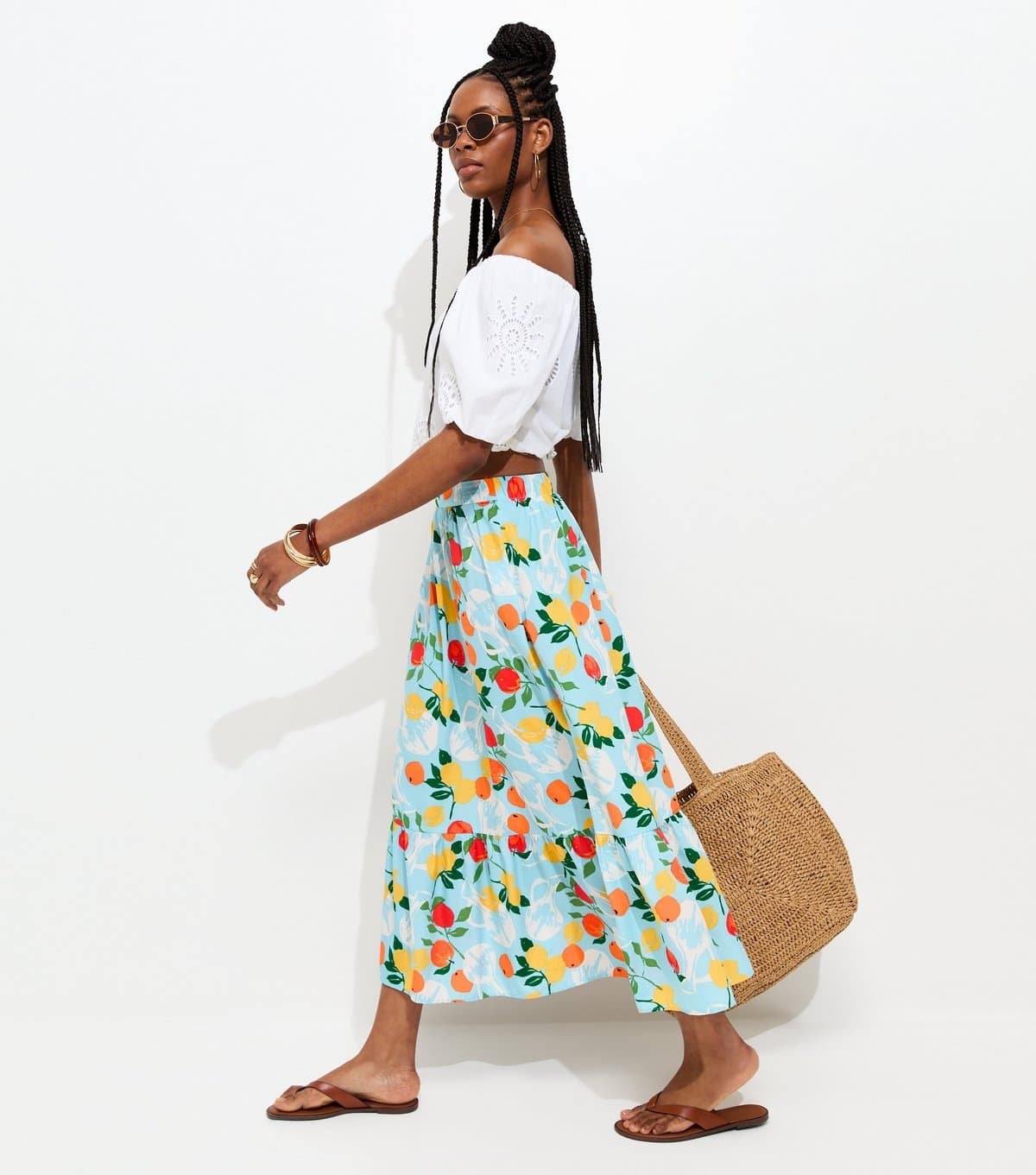New Look Women's Blue Fruit Print Midi Skirt New Look