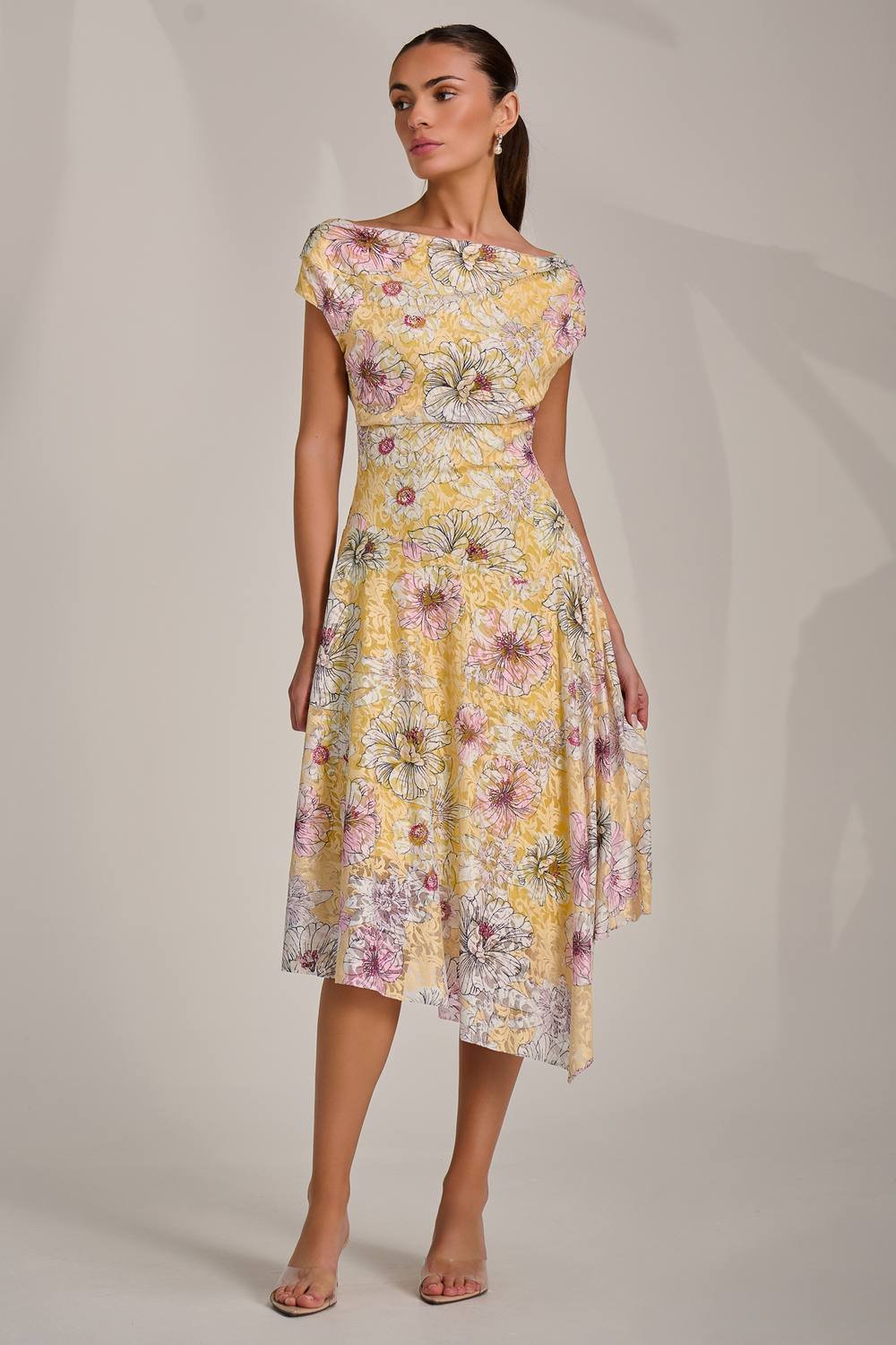 Jolie Moi Jolie Moi Women's Asymmetric Printed Lace Draped Dress in Yellow - 3