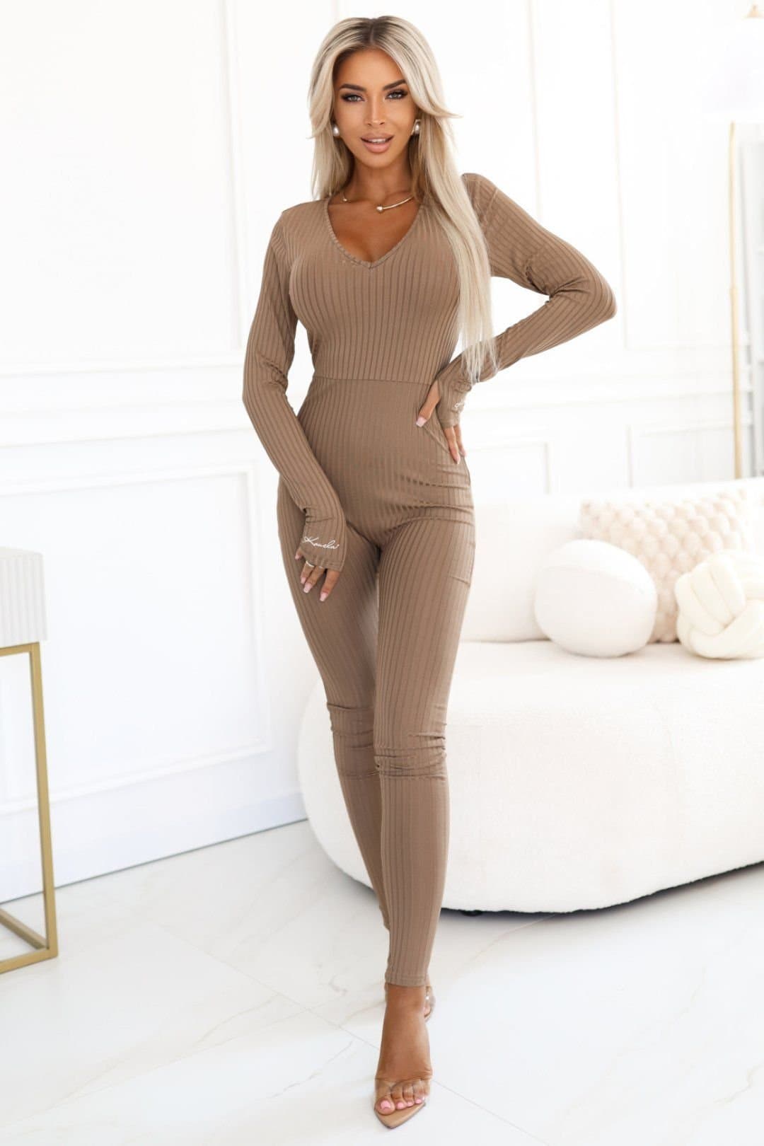 Love Lace Love Lace Women's Limited Edition Striped Mocha Mousse Jumpsuit in Beige