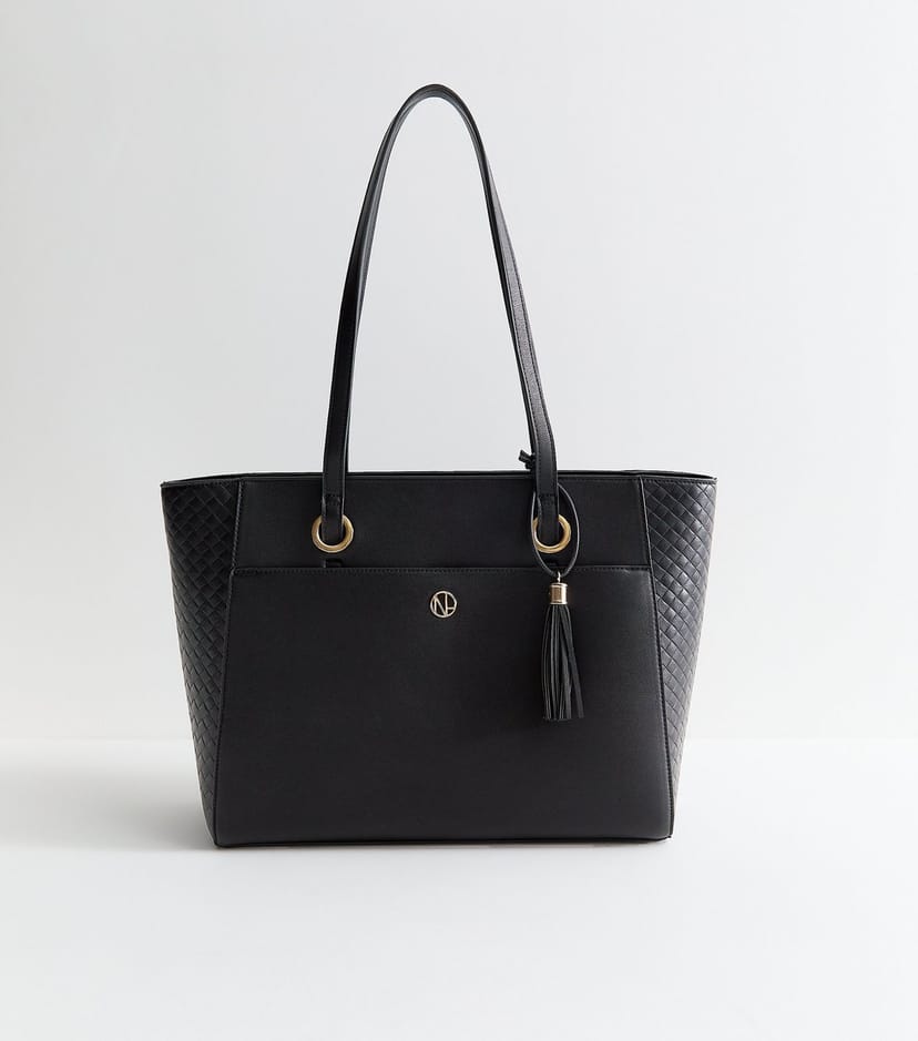 New Look Black Faux Leather Woven Effect Panelled Tote Bag Vegan New Look - 1