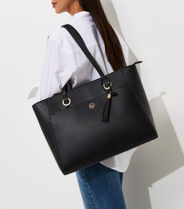 New Look Black Faux Leather Woven Effect Panelled Tote Bag Vegan New Look - 2