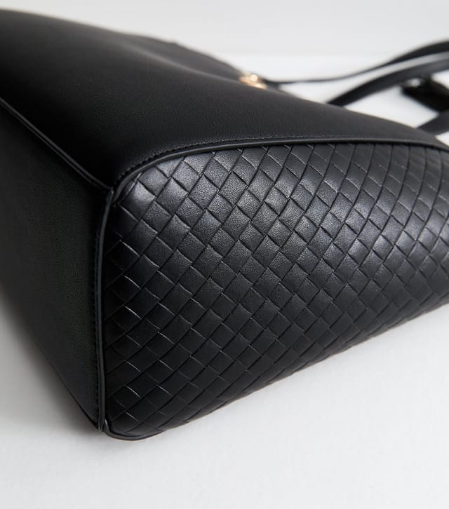 New Look Black Faux Leather Woven Effect Panelled Tote Bag Vegan New Look - 3