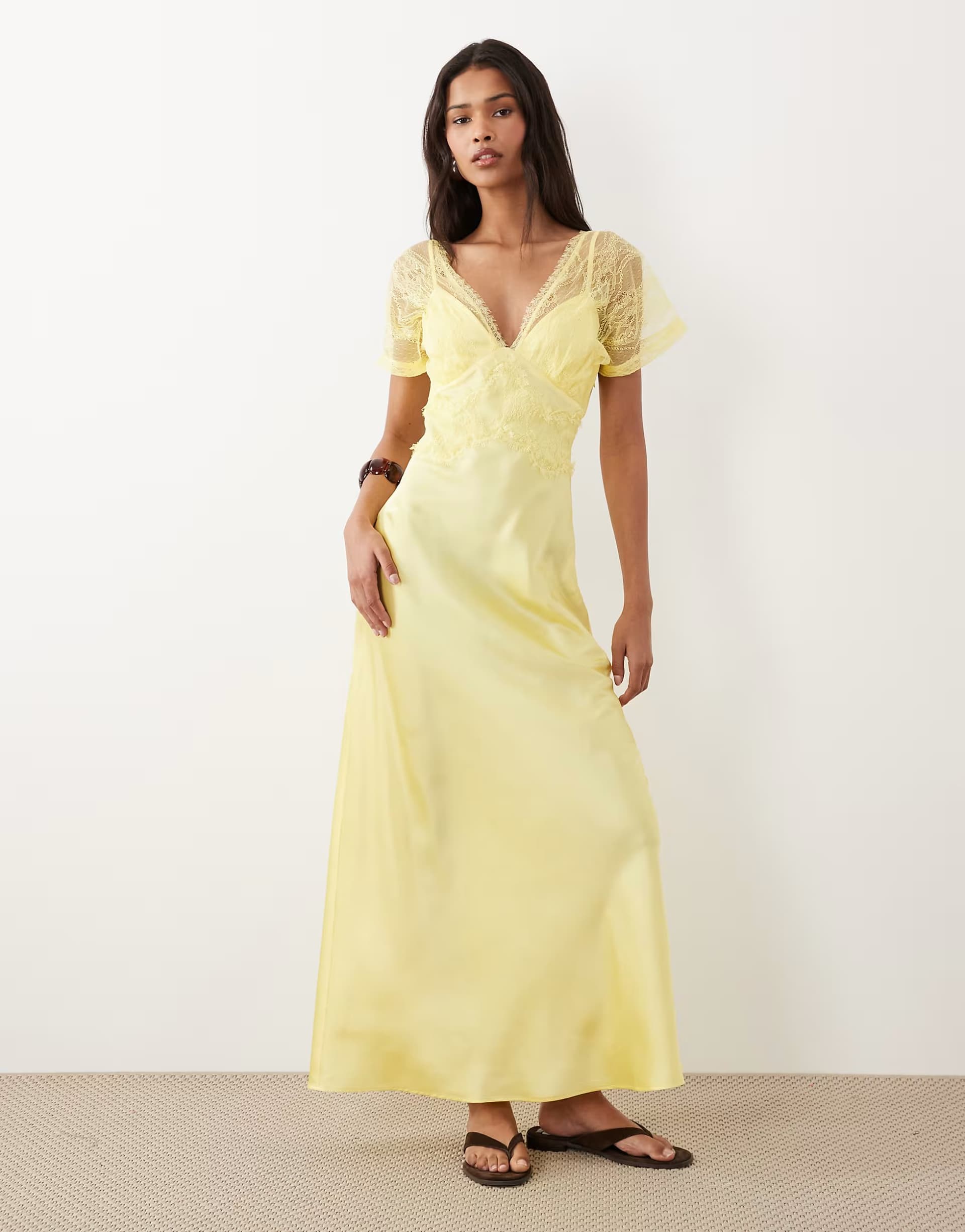ASOS ASOS DESIGN v neck satin maxi dress with lace detail in soft yellow