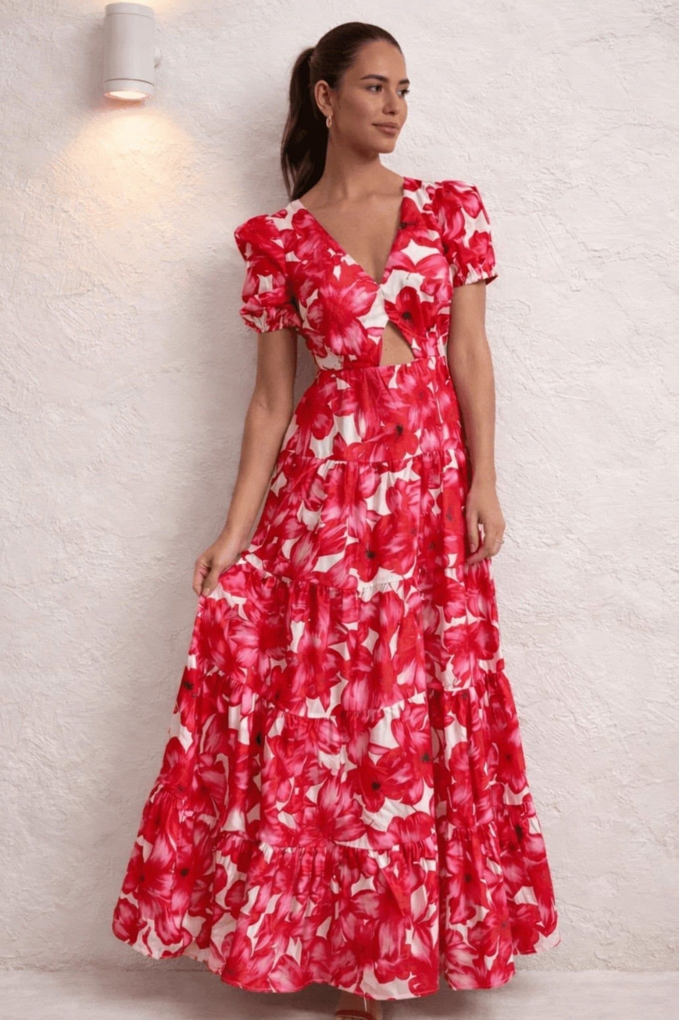 Style Cheat Style Cheat Women's Zoe Red & White Tiered Cutout Maxi Dress