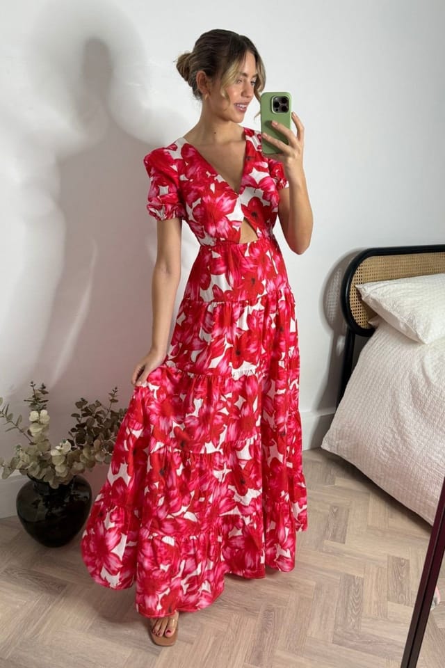 Style Cheat Style Cheat Women's Zoe Red & White Tiered Cutout Maxi Dress - 2