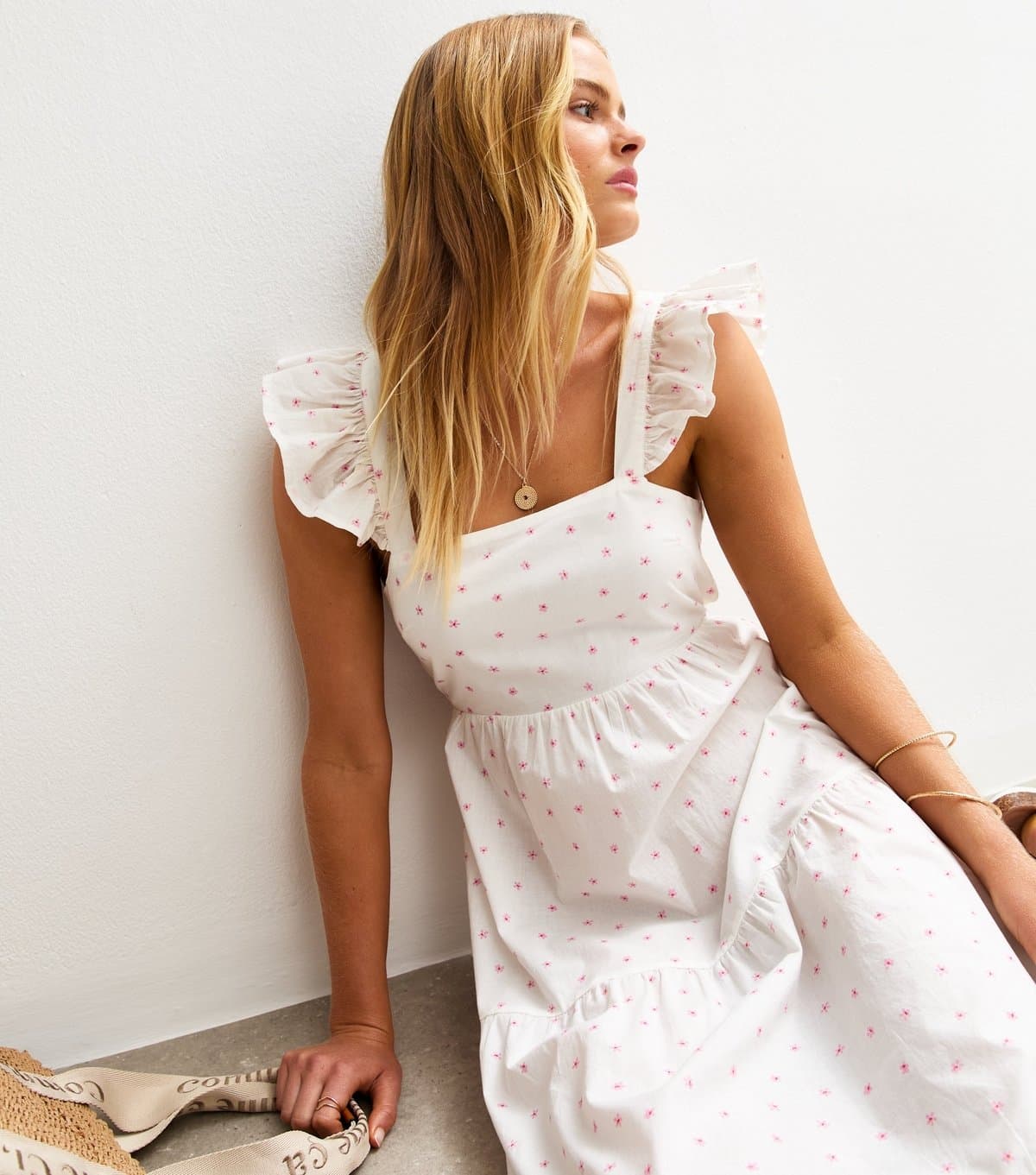 New Look Women's White Floral Print Tie Back Tiered Midi Dress New Look