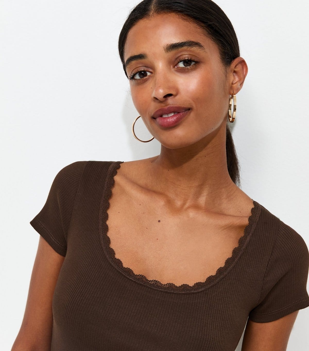 New Look Dark Brown Lace Trim Scoop Neck T-Shirt