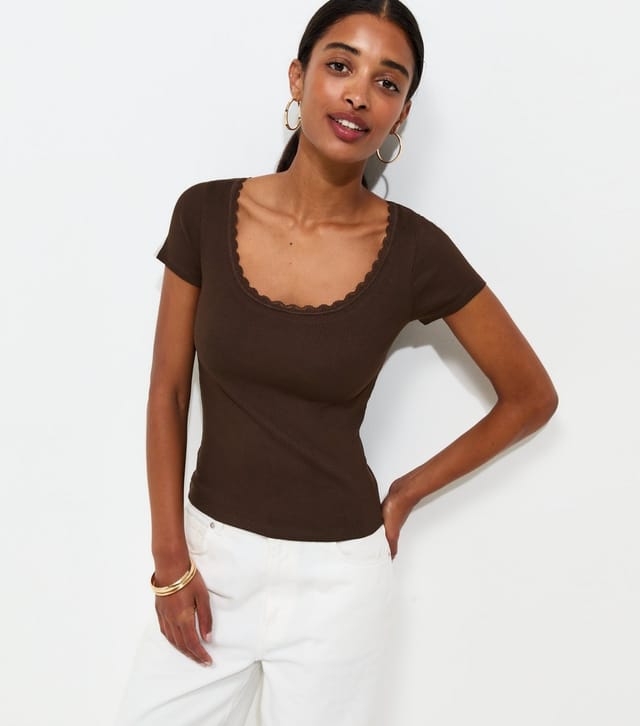 New Look Women's Dark Brown Lace Trim Scoop Neck T-Shirt New Look - 2