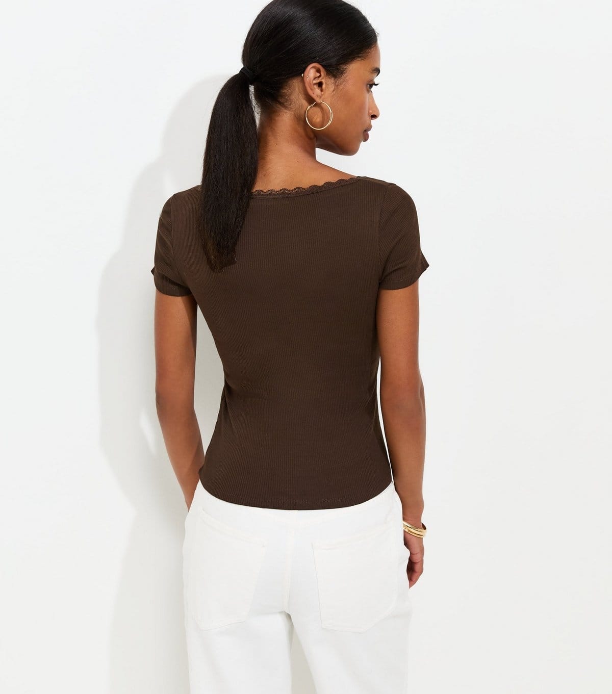 New Look Women's Dark Brown Lace Trim Scoop Neck T-Shirt New Look - 4