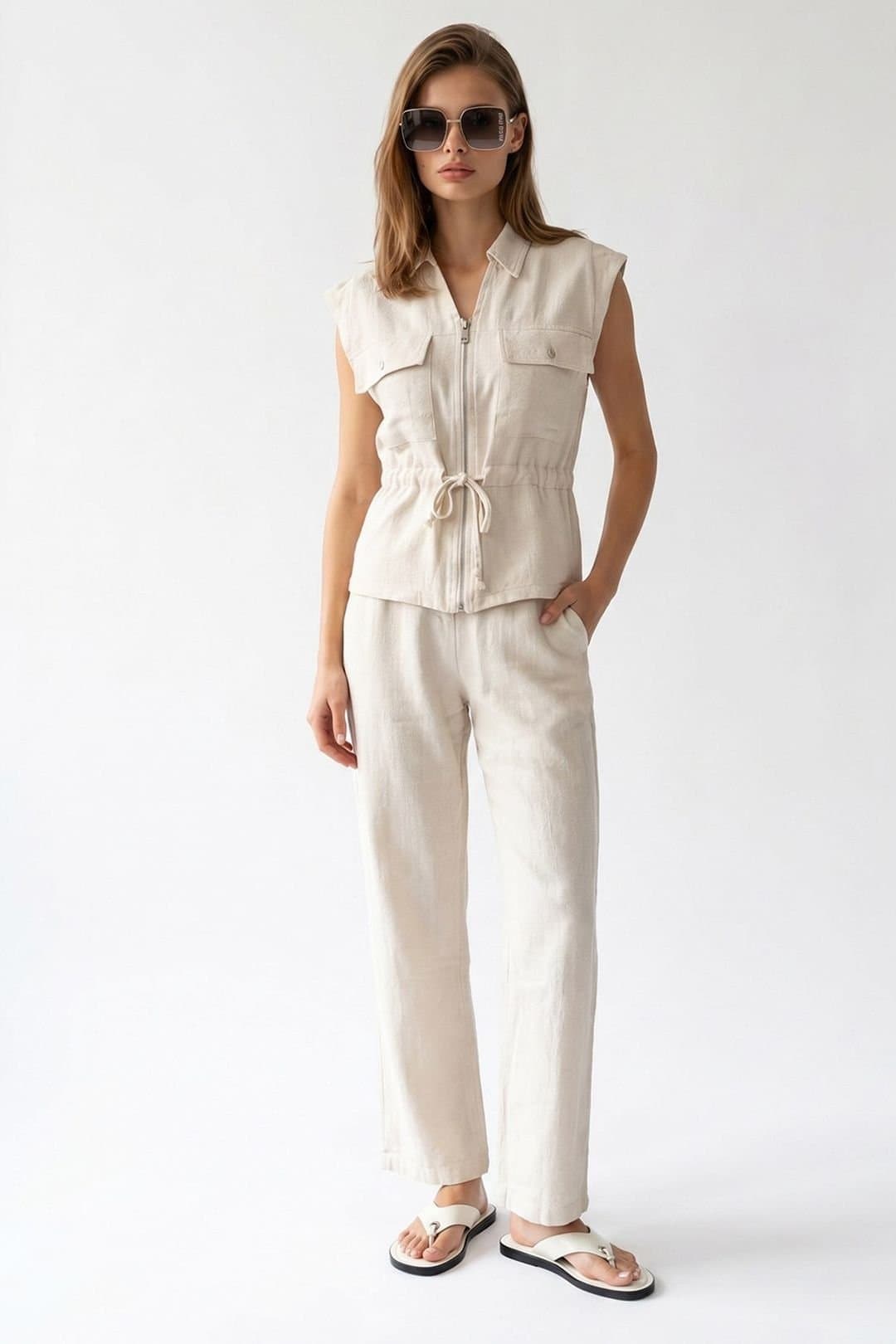 MixRay MixRay Women's Cotton Sleeveless Vest & Wide-Leg Trousers Set in Medium Beige