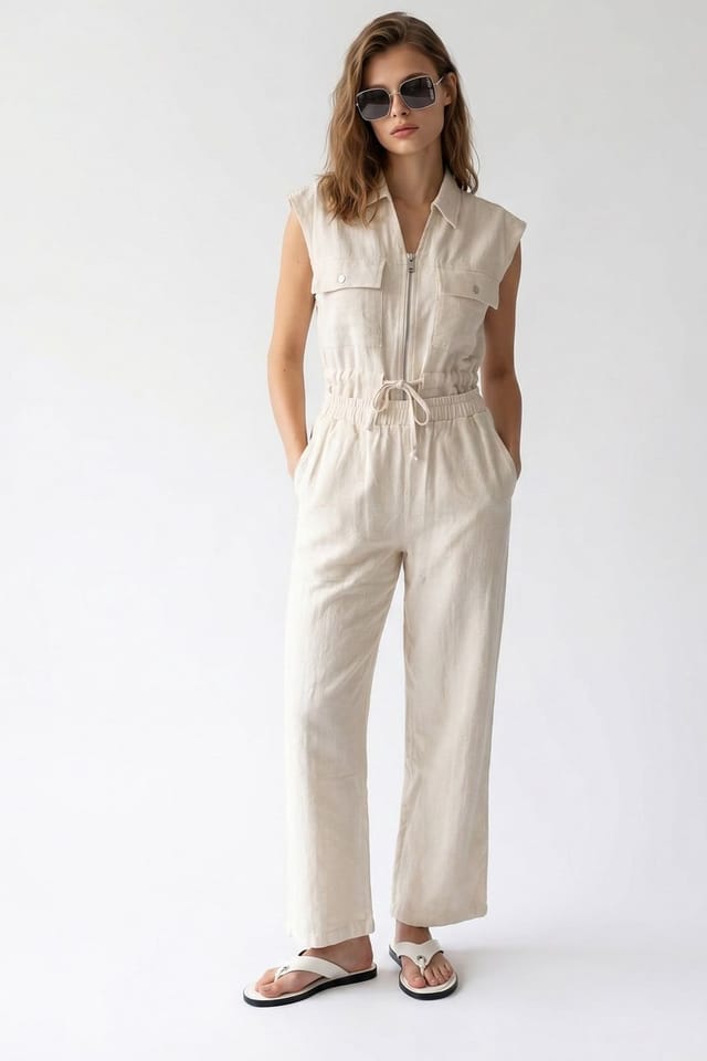 MixRay MixRay Women's Cotton Sleeveless Vest & Wide-Leg Trousers Set in Medium Beige - 2