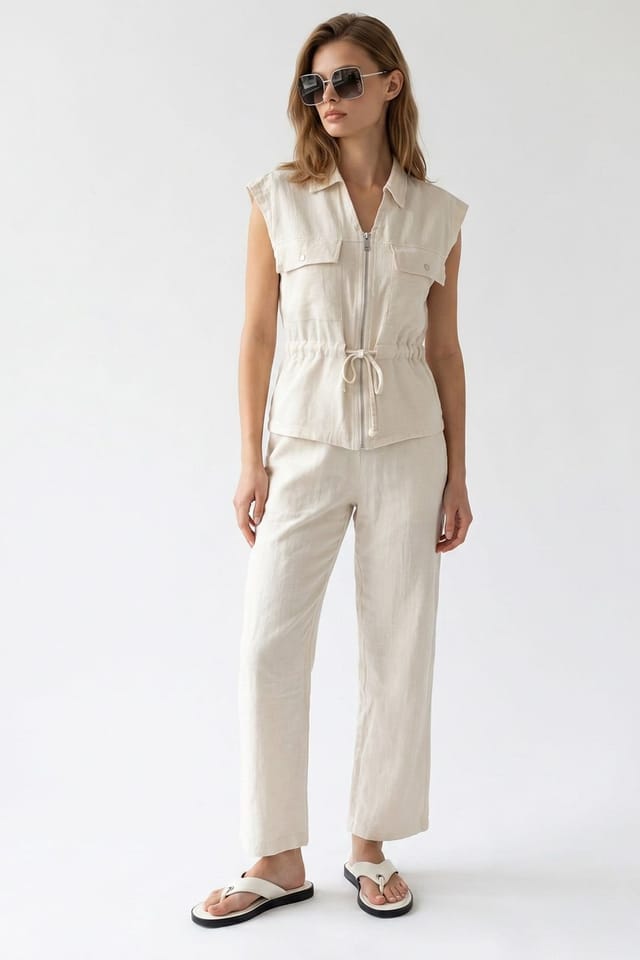 MixRay MixRay Women's Cotton Sleeveless Vest & Wide-Leg Trousers Set in Medium Beige - 3
