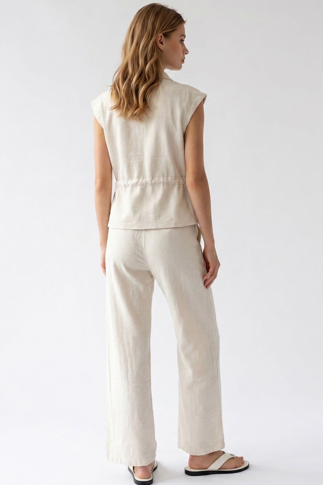 MixRay MixRay Women's Cotton Sleeveless Vest & Wide-Leg Trousers Set in Medium Beige - 4
