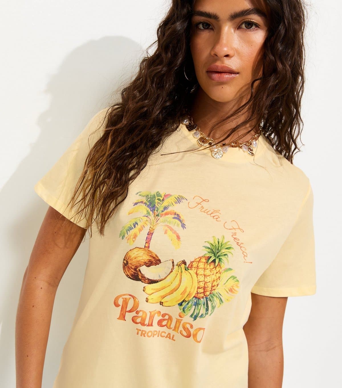 New Look Women's Light Yellow Cotton Paraiso Tropical Fruit Relaxed T-Shirt New Look