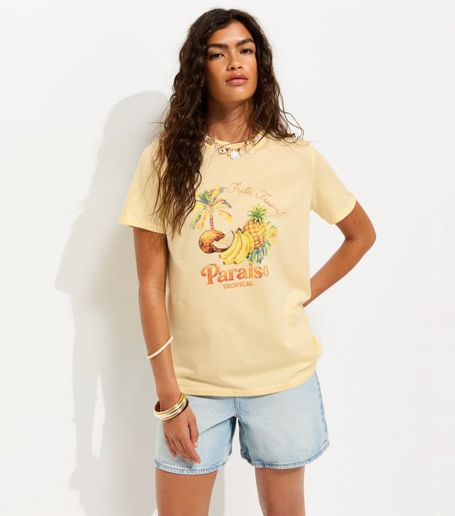 New Look Women's Light Yellow Cotton Paraiso Tropical Fruit Relaxed T-Shirt New Look - 2