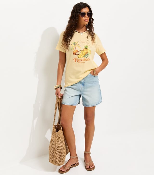 New Look Women's Light Yellow Cotton Paraiso Tropical Fruit Relaxed T-Shirt New Look - 3