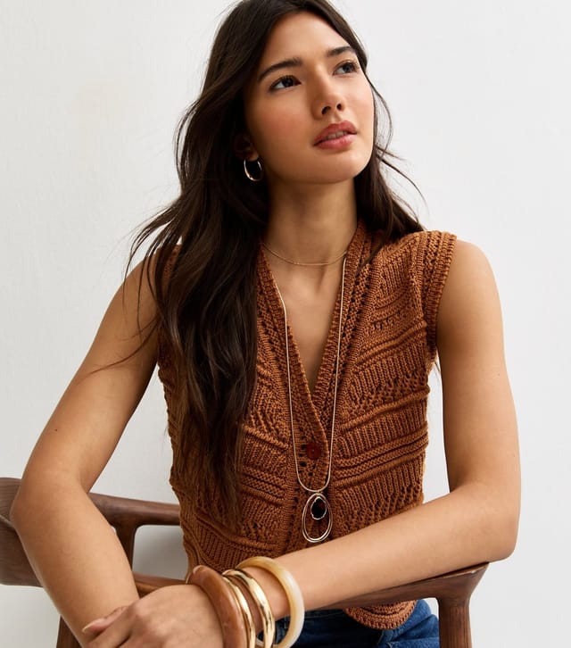 New Look Women's Tan Knit Lader Stitch Waistcoat New Look - 2
