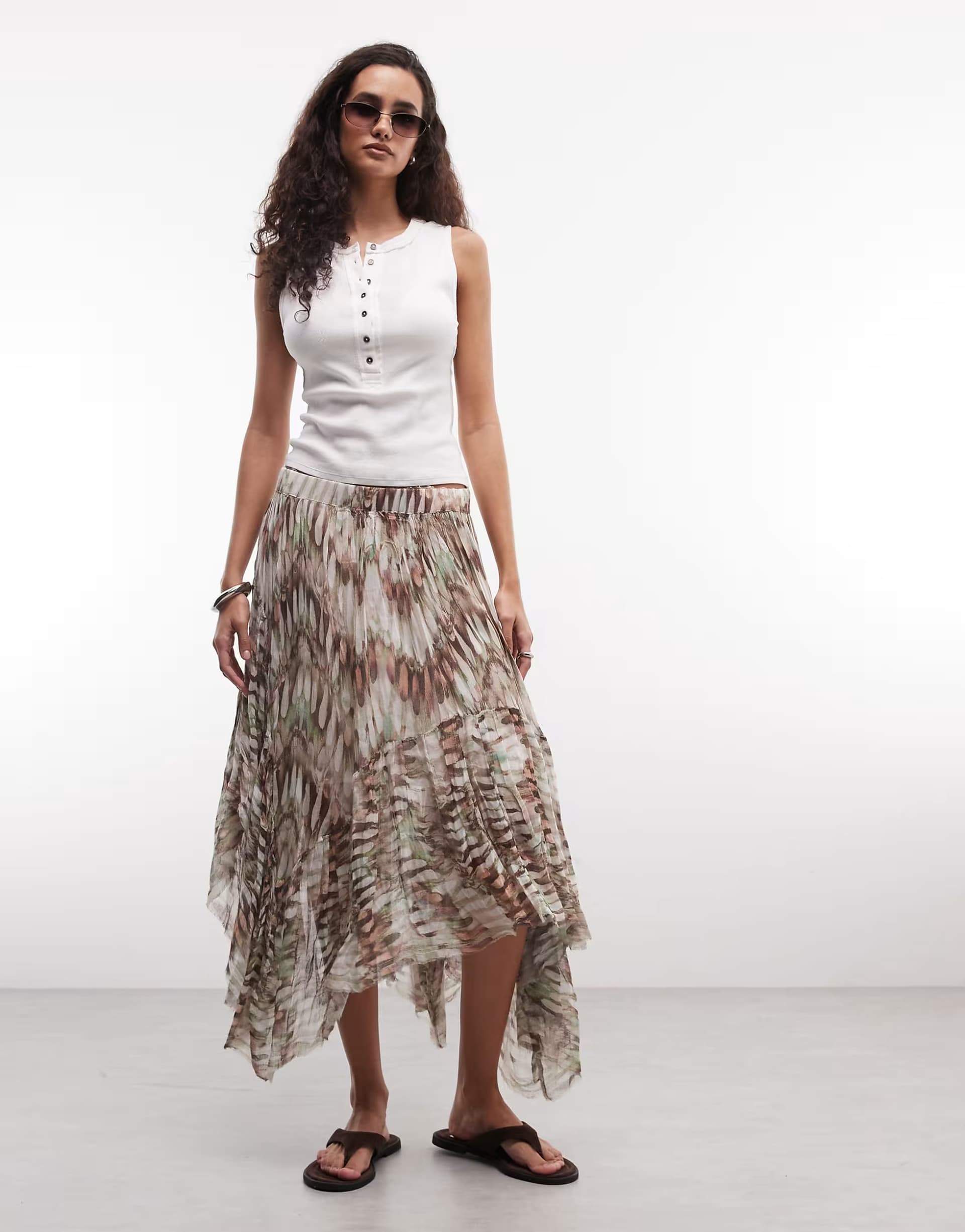 ASOS AllSaints Danae distressed ruffle printed midi skirt in multi