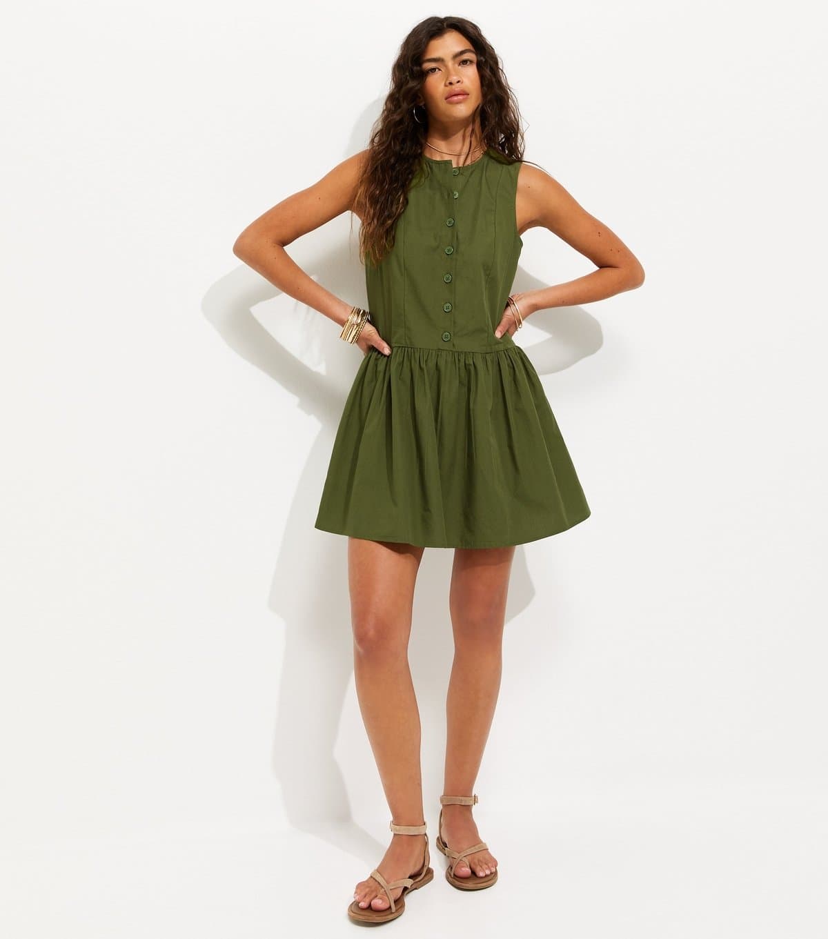 New Look Women's Khaki Cotton Drop Waist Sleeveless Mini Dress New Look