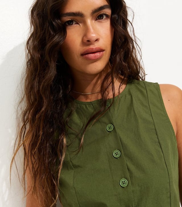 New Look Women's Khaki Cotton Drop Waist Sleeveless Mini Dress New Look - 2