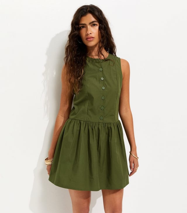 New Look Women's Khaki Cotton Drop Waist Sleeveless Mini Dress New Look - 3