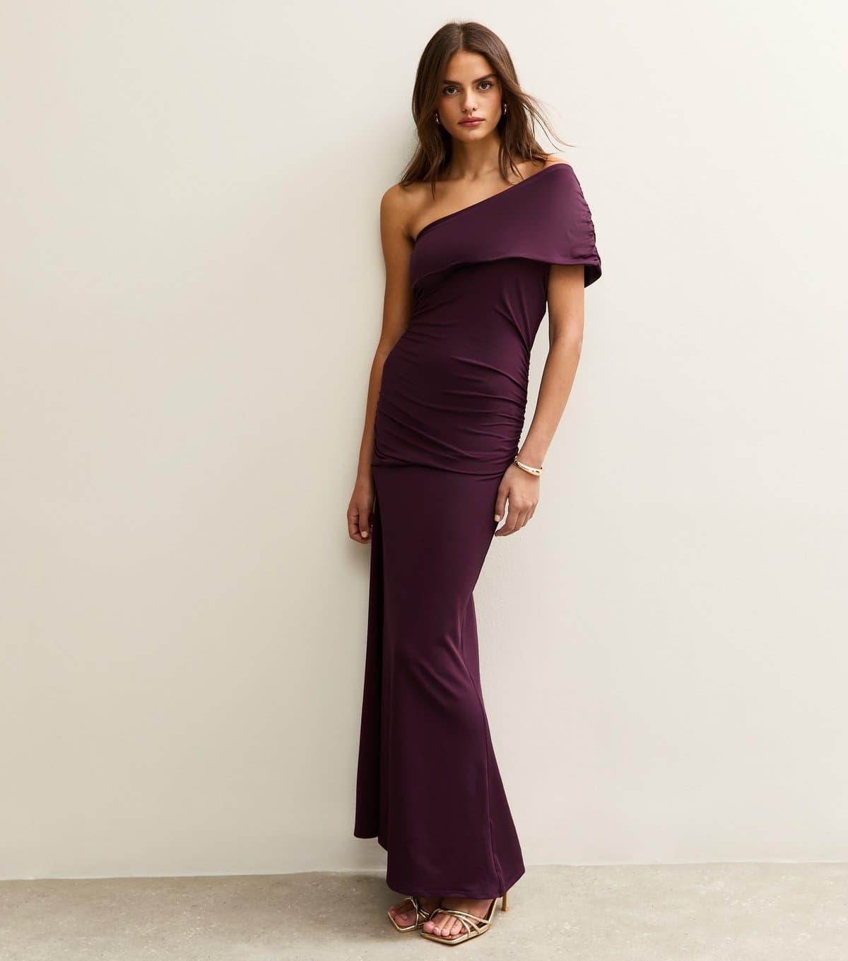 New Look Women's Dark Burgundy One Shoulder Ruched Maxi Dress New Look