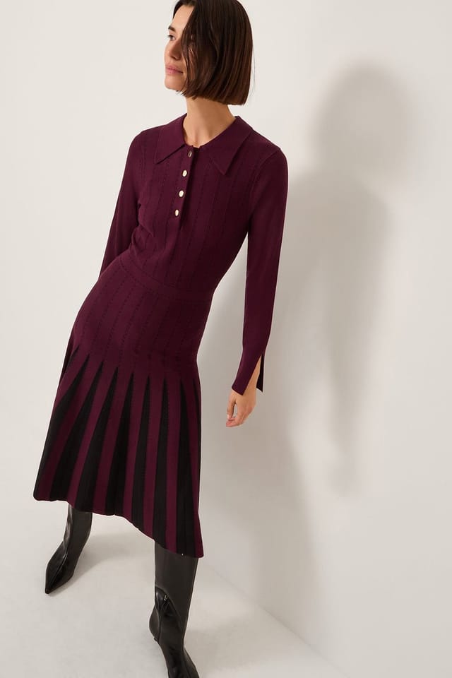 Monsoon Monsoon Women's Prue Knit Pleated Shirt Dress Red in Wine - 3