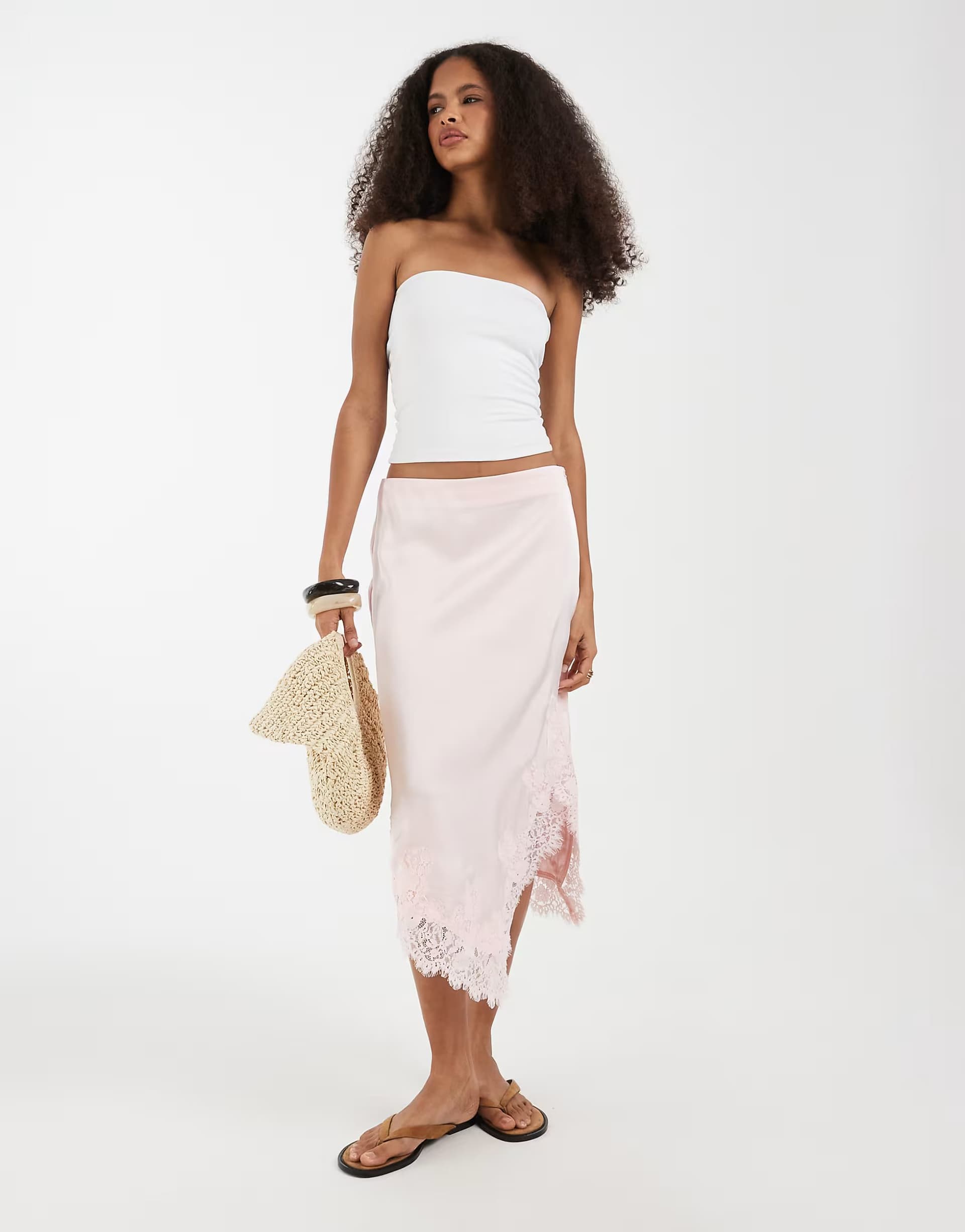 ASOS Vero Moda satin midi skirt with lace detail in light pink