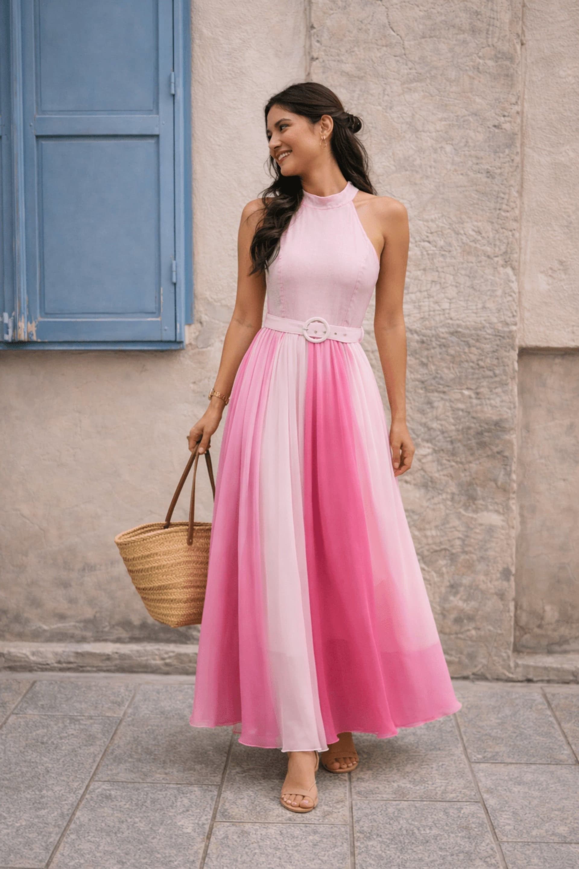 Style Cheat Style Cheat Women's Luisa Belted Pleated Ombre Maxi Dress in Pink